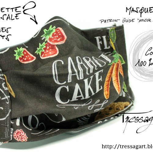 Masque de protection à plis type afnor 100% coton - adulte - carrot cake carotte fraises tableau noir craie nourriture cuisine gateau fruit