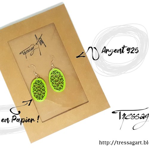 Boucles d'oreilles en papier et argent 925 légères ovales vert anis - petit format - quilling