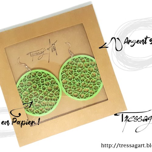 Boucles d'oreilles en papier et argent 925 légères rondes vert anis - grand format - quilling