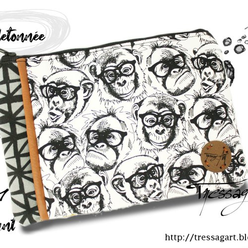 Trousse pochette molletonnée fourre-tout - singes à lunettes - trousse scolaire ou à maquillage