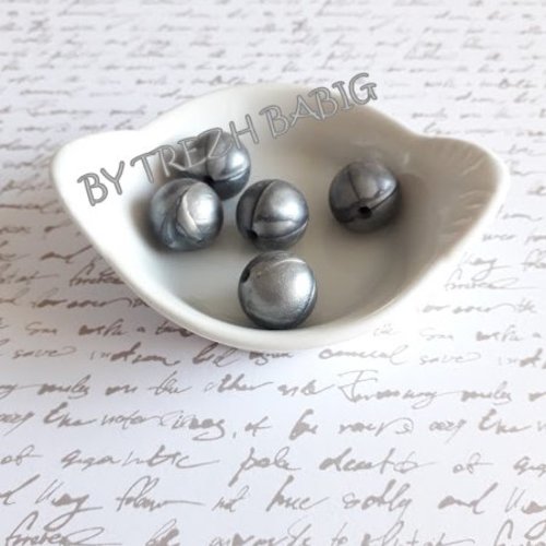 Perle ronde 15 mm silicone pour bébé gris argent nacre