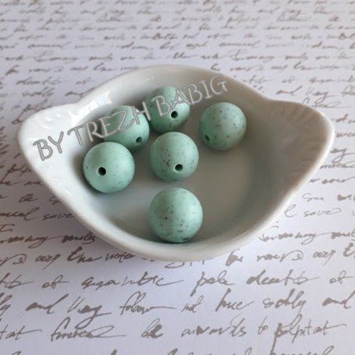 Perle ronde silicone vert mint 15 mm granit
