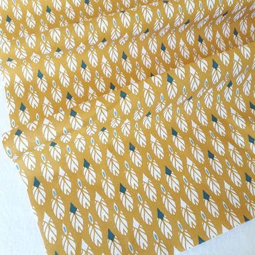Tissu coton coupon 50x50 cm plume jaune/turquoise