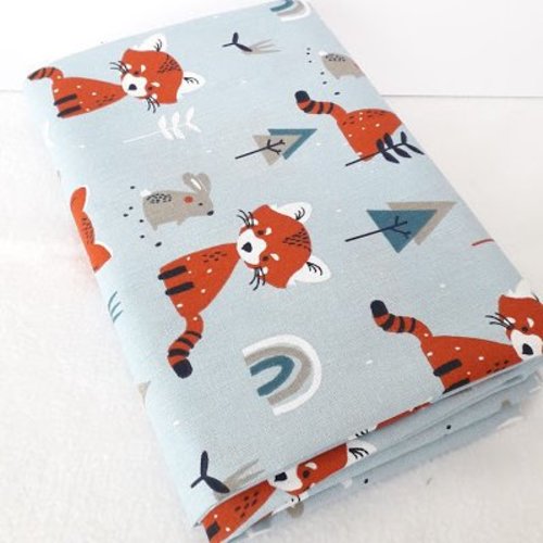 Tissu coton coupon 50x150 cm renard lapin forêt fond bleu