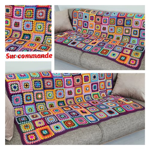 Sur le commande.couverture ,plaide pour canapé,multicolore acrylique au crochet style carré grand - mère t150x100cm
