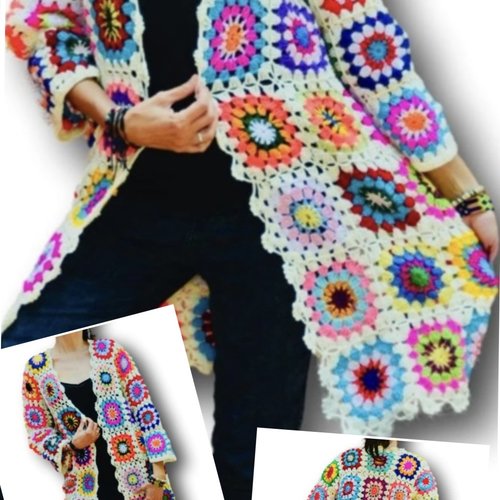 Sur commande.modèle manteau - cardigan multicolore,mi longue,acrylique / coton,style carré au crochet
