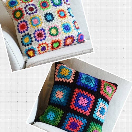 Sur commande. chic housse de cousin au crochet ,multicolore style boho en carré grand -mère  ,laine  acrylique coton