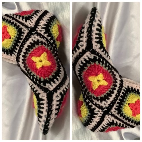 Chaussons  -bottines multicolores au crochet laine acrylique doux, pour femme ,fille,style hippie ,carré grand mère
