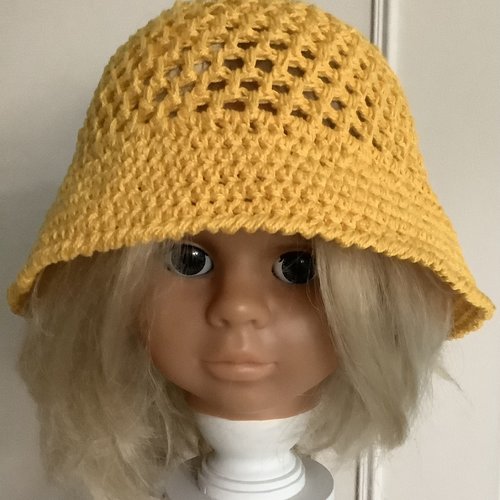 Bob panama de soleil ,crochet,fait main,couleur jaune,pour enfant 4-7 ans,coton 100%