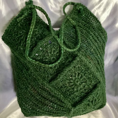 Chic cabas - grand sac bandoulière  ,cordon couleur vert , style boho,carré grand-mère, crochet fait main,pour femme