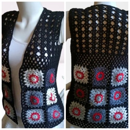 Sur commande.chic gilet sans manches,multicolore style boho, crochet fait main ,fil acrylique / coton