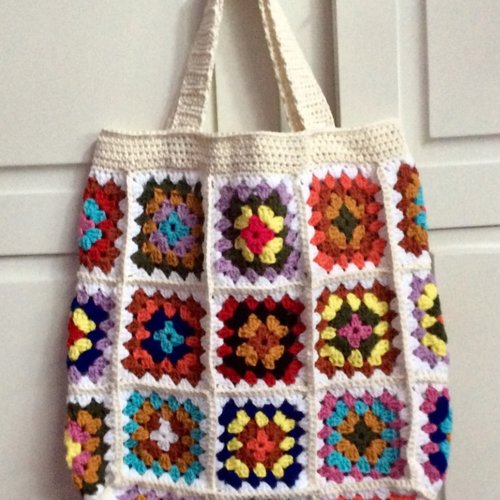 Chic cabas - grand sac bandoulière  ,coton,acrylique , style boho,carré grand-mère, crochet fait main,pour femme