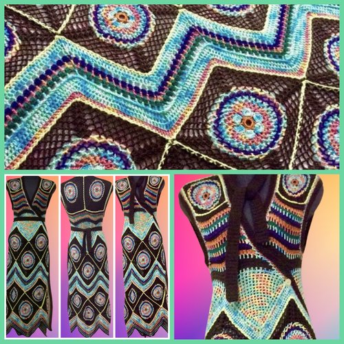 Robe longue,multicolore fantaisie ,style boho,hippie au crochet,modèle unique