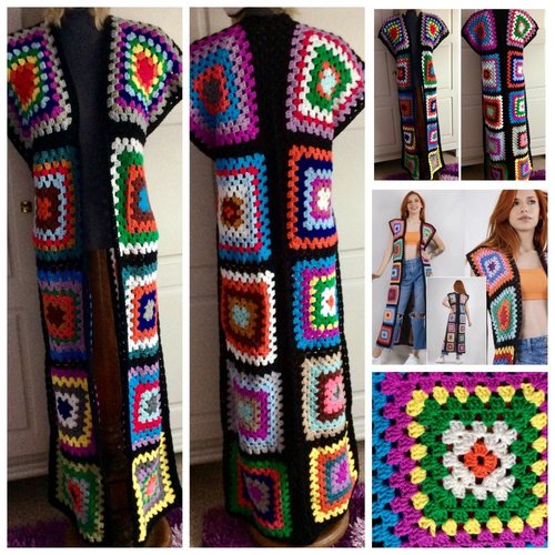 Chic gilet -kimono longue au crochet ,multicolore style boho en carré grand -mère  ,fil acrylique