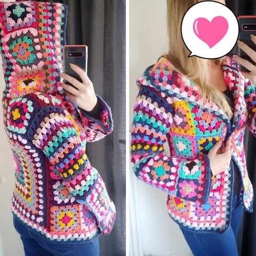 Sur commande.modèle gilet cardigan avec capuche,coton/acrylique doux  , style boho,hippie à carré , crochet fait mais ,pour femme,fille