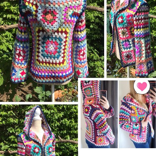 Sur commande.modèle gilet cardigan avec capuche,coton/acrylique doux  , style boho,hippie à carré , crochet fait mais ,pour femme,fille