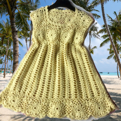 Chic robe au crochet fait main ,100% coton jaune pour petite prince