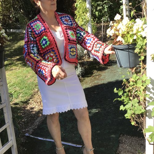 Chic gilet - kimono en multicolore style boho, crochet fait main ,fil acrylique avec laine