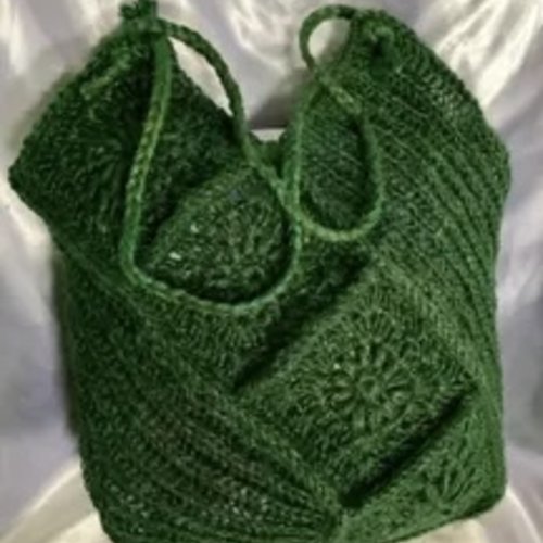 Chic cabas - grand sac bandoulière  ,cordon couleur vert , style boho,carré grand-mère, crochet fait main,pour femme