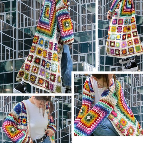 Sur commande.modèle manteau - cardigan multicolore,longue  ,style carré grand mère au crochet