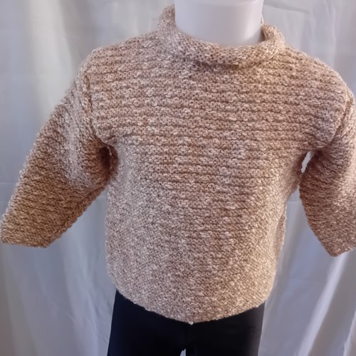 Pull beige pour fille, pull taille 2 ans, tricoté à la main, en acrylique et coton, au point de godron, fil fabriqué en france, col rond