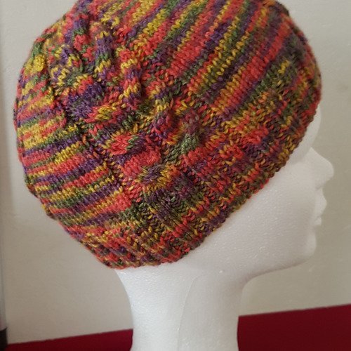 Bonnet multicolore à torsades tricoté main