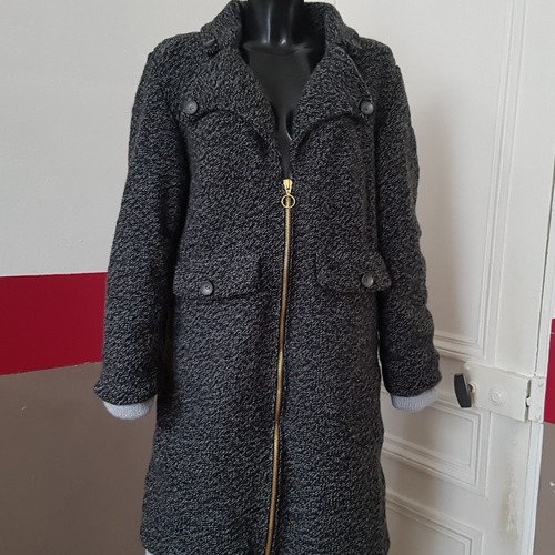 Manteau chiné noir et gris t. 42/44 tricoté main