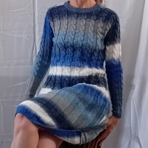 Robe en camaieu, robe rayée, tricotée à la main, en acrylique, col rond, bas évasé, robe patineuse trapèze, à torsades