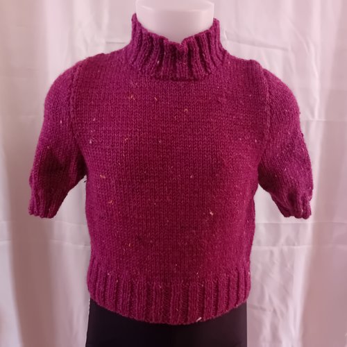 Pull pour fille, couleur prunelle, manches courtes, tricoté à la main, taille 6 ans, col montant, pull court, en acrylique, laine, viscose
