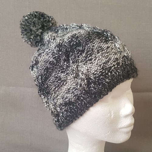 Bonnet au tricot, tricoté à la main, en laine, pour enfant, taille 2/4 ans, avec torsades, bonnet avec pompon, noir
