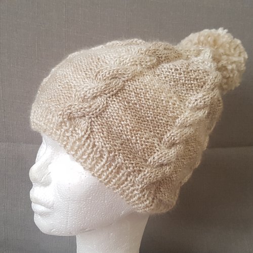 Bonnet au tricot, tricoté à la main, en laine, pour femme, avec torsades, bonnet avec pompon, beige