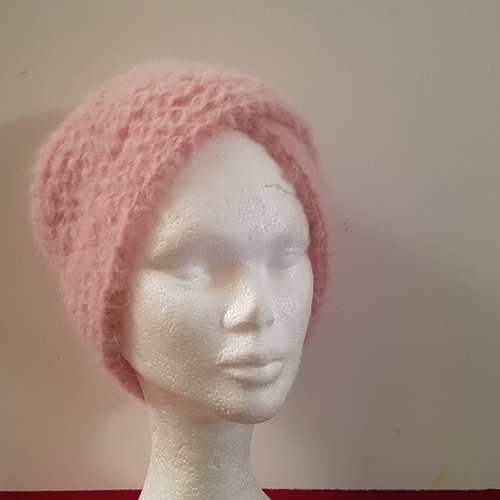 Turban en alpaga et laine, tricoté à la main, rose, fil du pérou