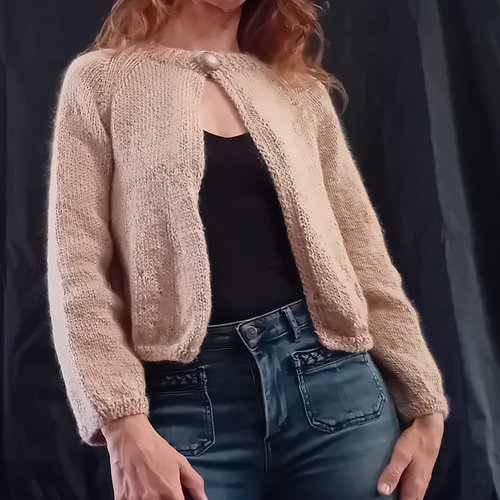 Veste trapèze pour femme, tricotée à la main, beige brillant, taille 38, manches évasées, fil français, en jers