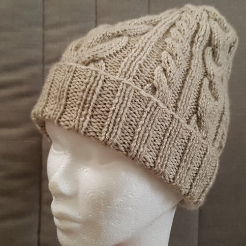 Bonnet à torsades, tricoté à la main, avec ou sans pompon, pour l'hiver, beige en laine et acrylique