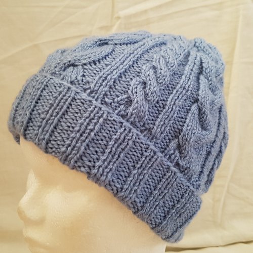 Bonnet à torsades, tricoté à la main, avec ou sans pompon, pour l'hiver, bleu en laine et acrylique