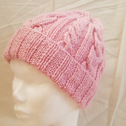 Bonnet à torsades, tricoté à la main, avec ou sans pompon, pour l'hiver, rose en laine et acrylique