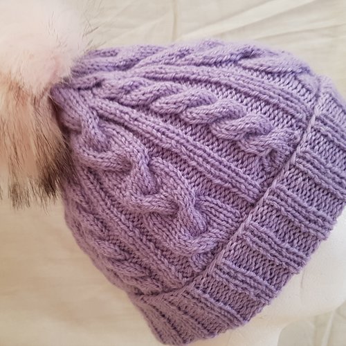 Bonnet à torsades, tricoté à la main, avec ou sans pompon, pour l'hiver, violet en laine et acrylique