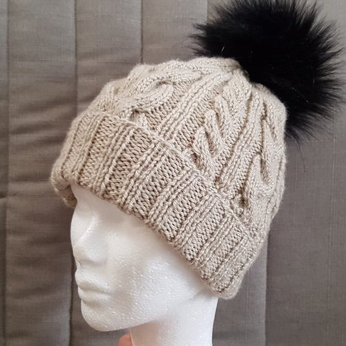 Bonnet à torsades, tricoté à la main, avec ou sans pompon, pour l'hiver, beige en laine et acrylique