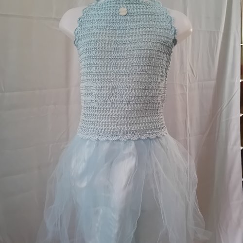 Robe bleue pour fille, robe dos-nu au crochet, fait à la main, en coton et tulle, robe de soirée