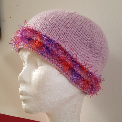 Bonnet pour enfant, rose au tricot, fait à la main, en acrylique, avec volant, décoration fourrures