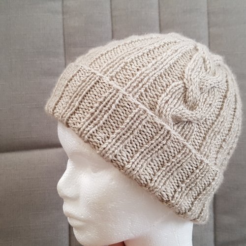 Bonnet à torsades, tricoté à la main, pour enfant, pour l'hiver, beige en laine et acrylique