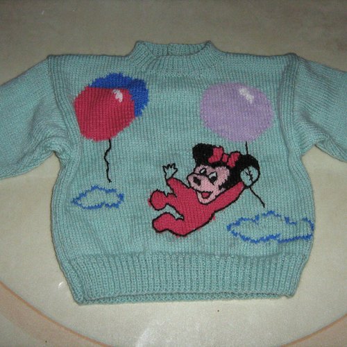 Pull bébé t. 18 mois vert jacquard de souris avec ballons tricoté main