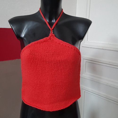 Top débardeur en coton rouge tricoté main t. 40