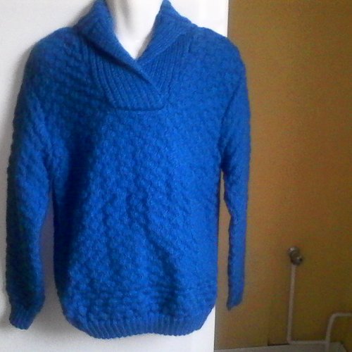 Pull bleu électrique, pull pour garçon, taille 10 ans, tricoté à la main, avec col châle, pull en laine, en point fantaisie