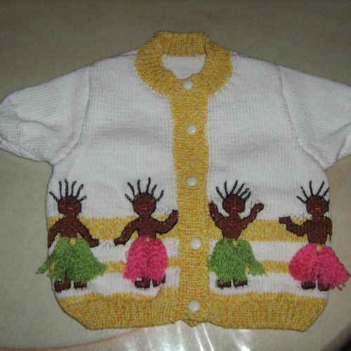 Cardigan d'été pour fille, avec jacquard de danseuses, en coton, taille 2 ans, tricoté à la main, blanc et jaune, ambiance créole
