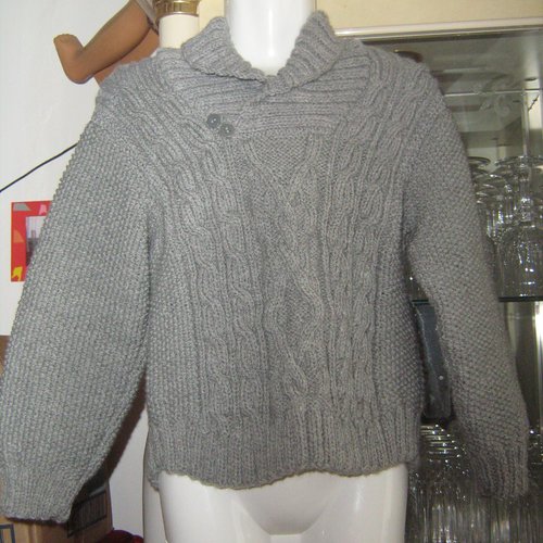 Pull pour garçon, pull gris irlandais, avec col châle, taille 6 ans, tricoté à la main, en laine, au point de riz, avec torsades