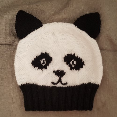 Bonnet pour enfant, jacquard de panda, tricoté à la main, en acrylique, 2,  4, 6 ans, noir et blanc, avec oreilles, fille et garçon - Un grand marché