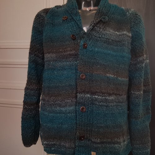 Veste col châle pour homme, taille xl, au tricot, fait à la main, vert et marron, en acrylique et laine, gilet original, asymétrique