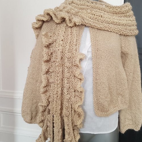 Étole pour femme beige, écharpe femme originale, tricotée à la main, en laine et mohair, fil brillant et doux, esprit créateur