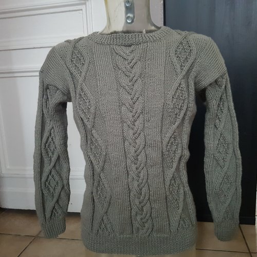 Pull pour homme à torsades, taille xl, tricoté à la main, gris vert, en laine peignée et acrylique, col rond, fil français